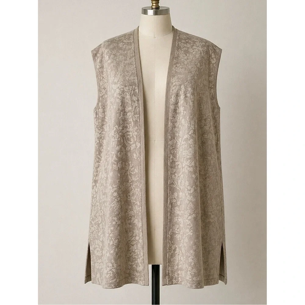 CHICO'S Reversible Open Sweater Vest XL Longer Neutral Floral Travel Work Office